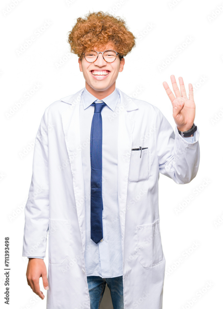 Young handsome scientist man wearing glasses showing and pointing up with fingers number four while smiling confident and happy. Young handsome scientist man wearing glasses showing and pointing up with fingers number four while smiling confident and happy.