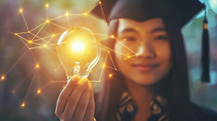 College student girl showing a light bulb for education, E-learning graduate certificate and business concept, woman with graduation regalia hat for creative thinking idea and human development