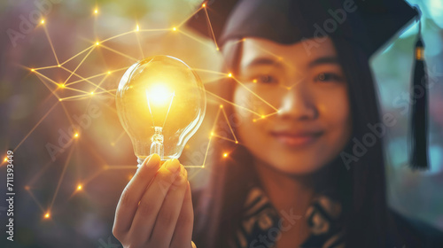 College student girl showing a light bulb for education, E-learning graduate certificate and business concept, woman with graduation regalia hat for creative thinking idea and human development photo