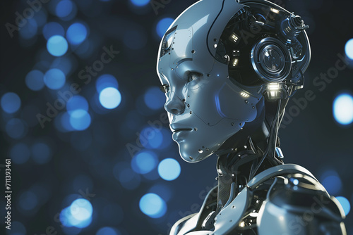 Head of humanoid metal robot on blurred background with space for text. Concept of technical progress and artificial technologies.