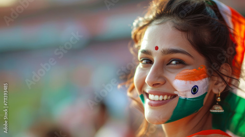 Happy Indian woman supporter with face painted in India flag colors, green white and orange, female fan at a sports event such as cricket or field hockey match, blurry stadium background, copy space photo