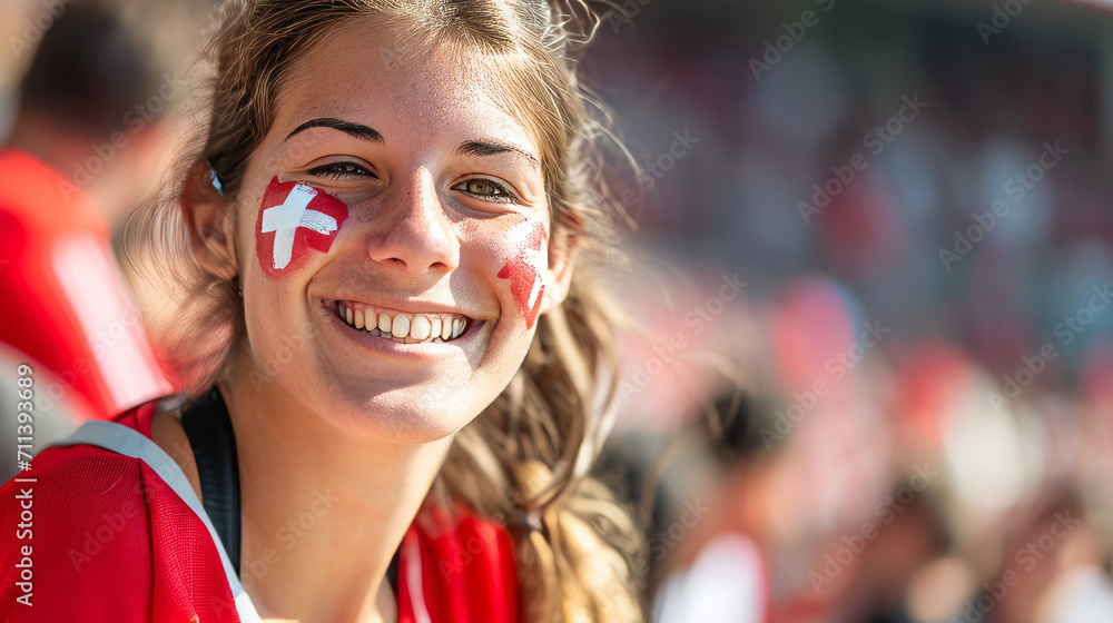 © Keitma - Happy Swiss woman supporter with face painted in Switzerland flag colors, white and red, Swiss fan at a sports event such as football or rugby match, blurry stadium background, copy space