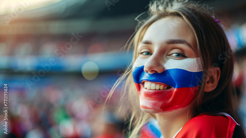 Happy Russian woman supporter with face painted in Russia flag colors, white blue and red, Russian fan at a sports event such as football or rugby match, blurry stadium background, copy space