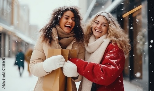 Two Women Enjoying a Snowy Shopping Spree © uhdenis