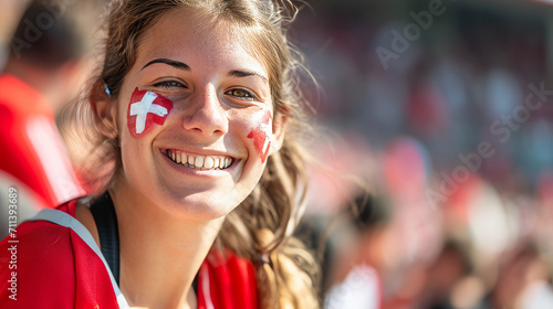 Happy Swiss woman supporter with face painted in Switzerland flag colors, white and red, Swiss fan at a sports event such as football or rugby match, blurry stadium background, copy space © Keitma
