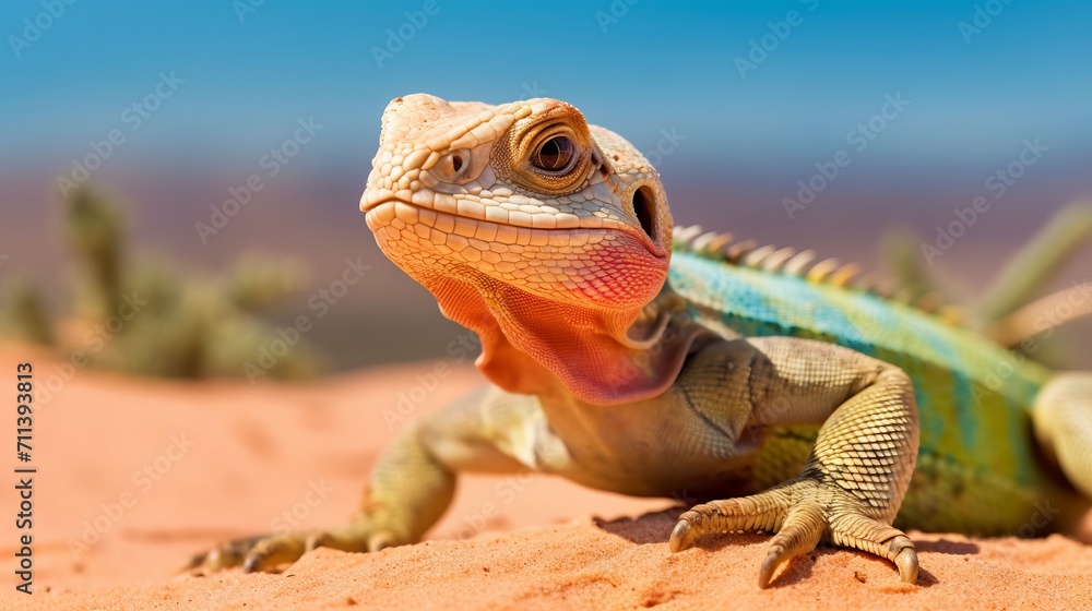 Fototapeta premium Closeup image of a lizard in a desert. Wildlife image of a colorful lizard . Portrait of a beautiful lizard crawling through sand. Profile portrait of a desert lizard moving forward.