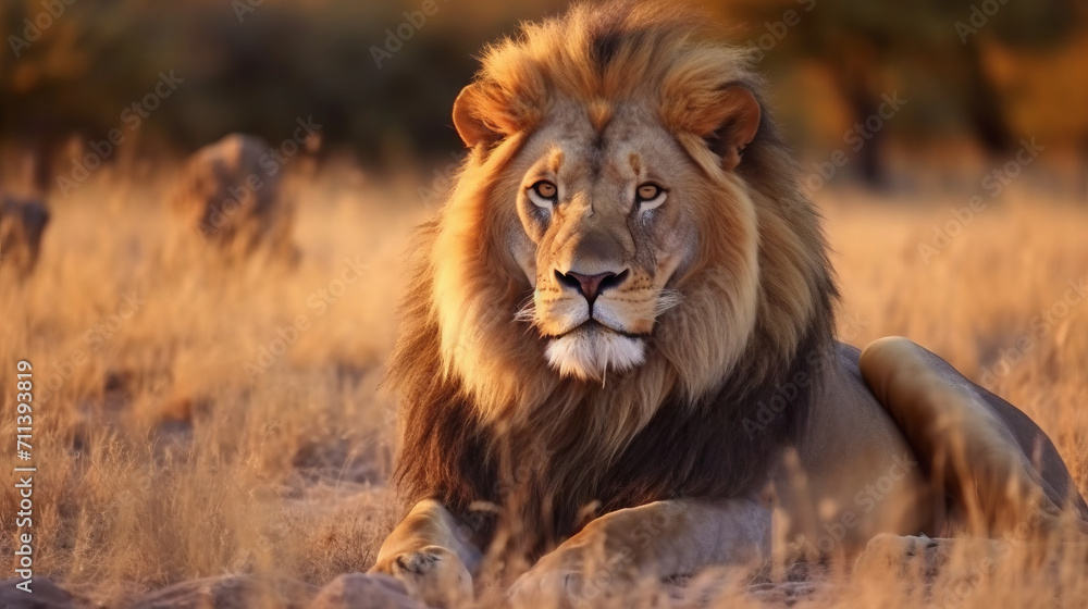 Closeup portrait of a beautiful lion lying in the savannah and looking forward. Wildlife image of a lion with a big mane looking at the camera. Image of big lion with golden fur lying in the sun.
