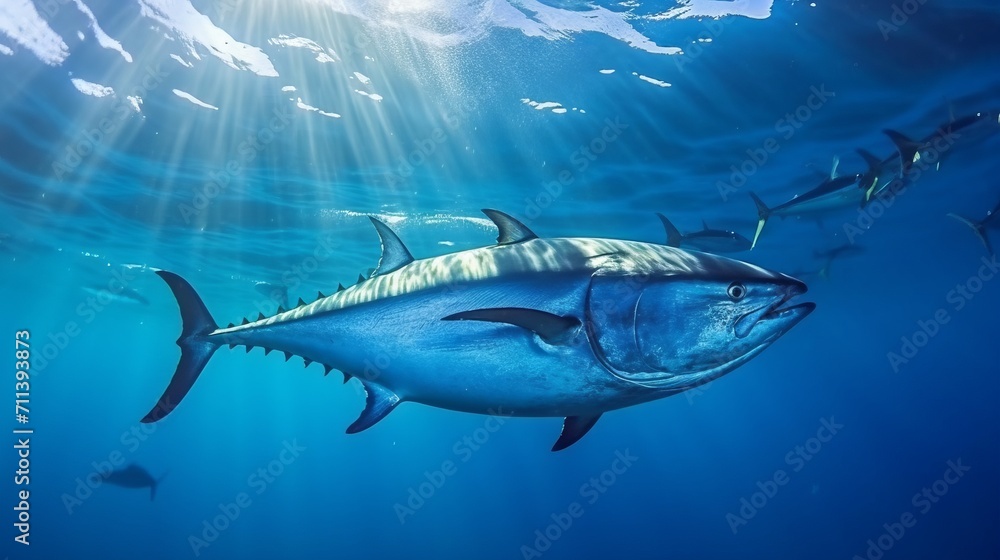 Underwater shot of a big tuna fish swimming and looking forward. Wildlife side view image of a huge tuna fish underwater. Underwater closeup of a tuna swimming looking forward.