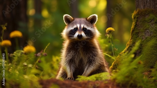 Closeup of a raccoon in a forest looking at the camera. Wildlife image of a beautiful raccoon sitting in a green forest on a blurred background . Closeup of a cute raccoon in the woods looking forward