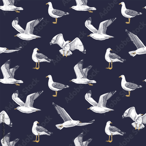 Hand drawn seagulls seamless pattern