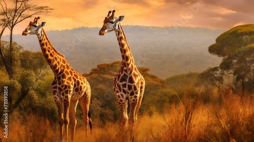 Closeup image of two giraffes in the savannah. Portrait of giraffes in the wild. Wildlife image of two giraffes standing in the sun.