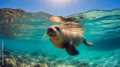 Underwater shot of a seal swimming and looking forward. Wildlife image of a sea lion underwater. Underwater closeup of a seal swimming looking to the side. photo