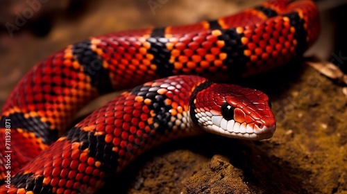 Closeup image of a Scarlet King Snake. Wildlife image of a striped red snake. Portrait of a beautiful red snake with a pattern crawling through a forest. Snake looking to the side.