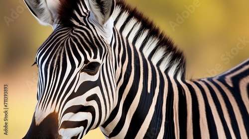 Closeup image of a zebra in the savannah. Portrait of zebra in the wild. Wildlife image of a zebra standing on a blurred background.