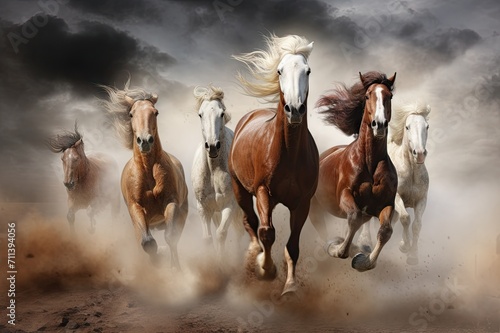many horses running in a storm and splashing mud by racing each other