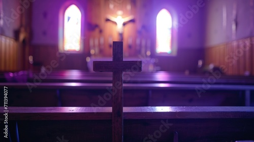 purple light Wooden Cross on Empty Pew for Ash Wednesday. Ash cross on an empty pew, symbolizing Ash Wednesday, simple wooden church interior, somber and introspective mood.