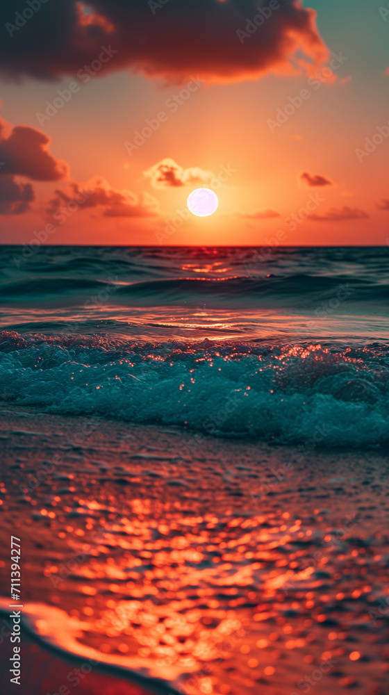 Sunset Glow on Seashore Waves