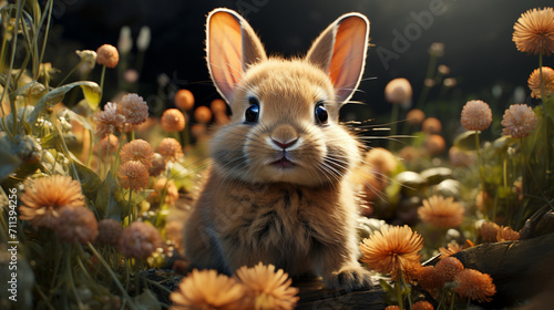 Sweet Rabbit Amid Grass and Flowers on a Sunny Day. Easter Bunny. Long Banner