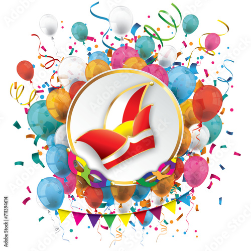 Karnevalscover mit Narrenkappe, bunten Luftballons und Konfetti