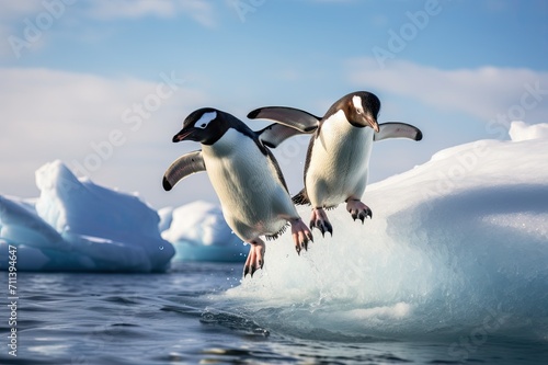 penguins jumping onto a floating iceberg in antarctica 
