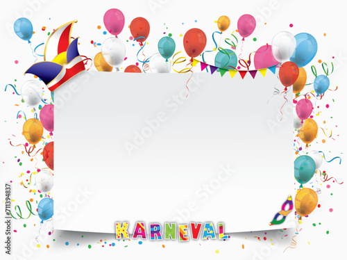 Karnevalscover mit Textfreiraum, Narrenkappe und bunten Luftballons