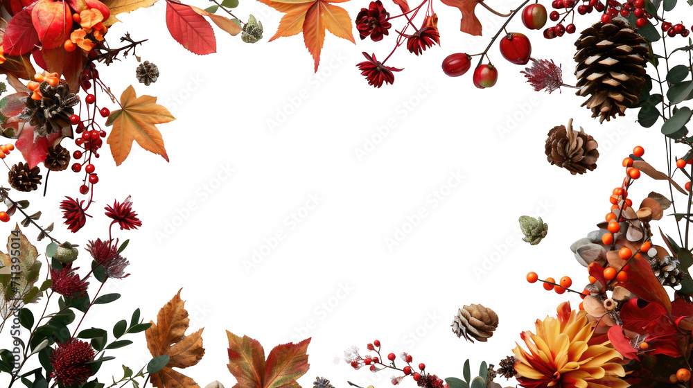 Thanksgiving white card and around Autumn floral frame on white background, Rusty flowers border on transparent background