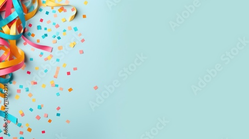 confetti and paper streamers flat lay style copy text space