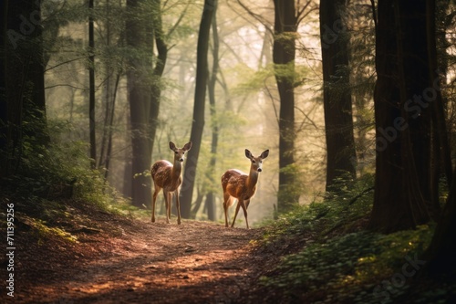 two deer walking down a path in a forest in sunshine