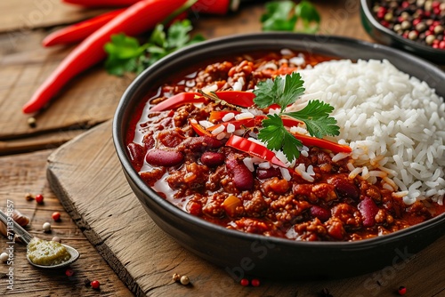 delicious chili with meat and rice served in a bowl on a wooden table