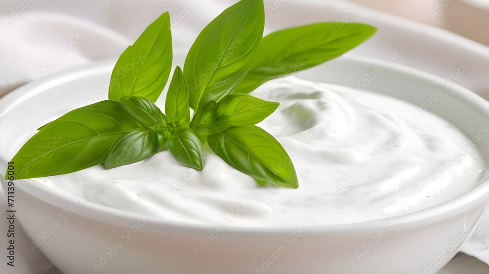 Sour cream yogurt with basil leaves in a white bowl white background Sour cream yogurt with basil leaves in a white bowl white background