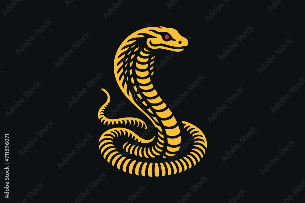 Fototapeta premium Snake Cobra. Beautiful engraving illustration, icon, logo. simple design, isolated object. Yellow on black. Red eye