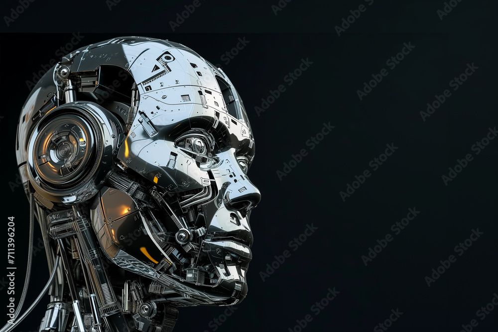 Humanoid robot head made of shiny black metal on black background with space for text. Concept of technical progress and artificial technology. Copy space. Humanoid robot head made of shiny black metal on black background with space for text. Concept of technical progress and artificial technology. Copy space.