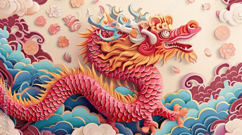 Intricate paper cut craft chinese zodiac dragon with clouds and sea in the background, layered paper craft chinese dragon for chinese new year celebration Intricate paper cut craft chinese zodiac dragon with clouds and sea in the background, layered paper craft chinese dragon for chinese new year celebration