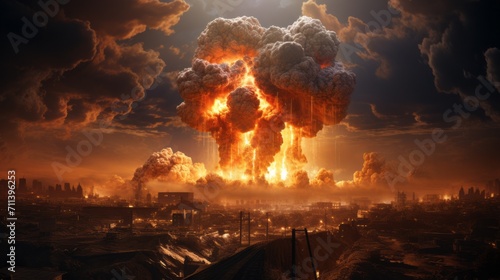 Mushroom cloud with fire after an atomic weapon attack. Nuclear weapons. Thermonuclear bomb detonation. Hydrogen warhead explosion. Massive nuclear explosion. Atomic bomb detonation. World War 3.