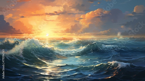 Art of a tranquil ocean on a bright summer day. Illustration of a beautiful sunset above a Gorgeous ocean. Sun setting above the sea. Sunrise on a calm sea with beautiful clouds.