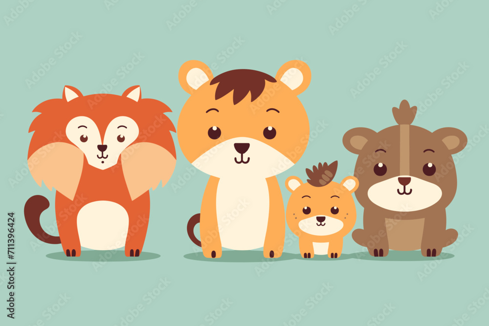 Obraz premium A set of cute cartoon animals. Vector flat images of animals for postcards, invitations, textiles, thermal printing, various types of printing.