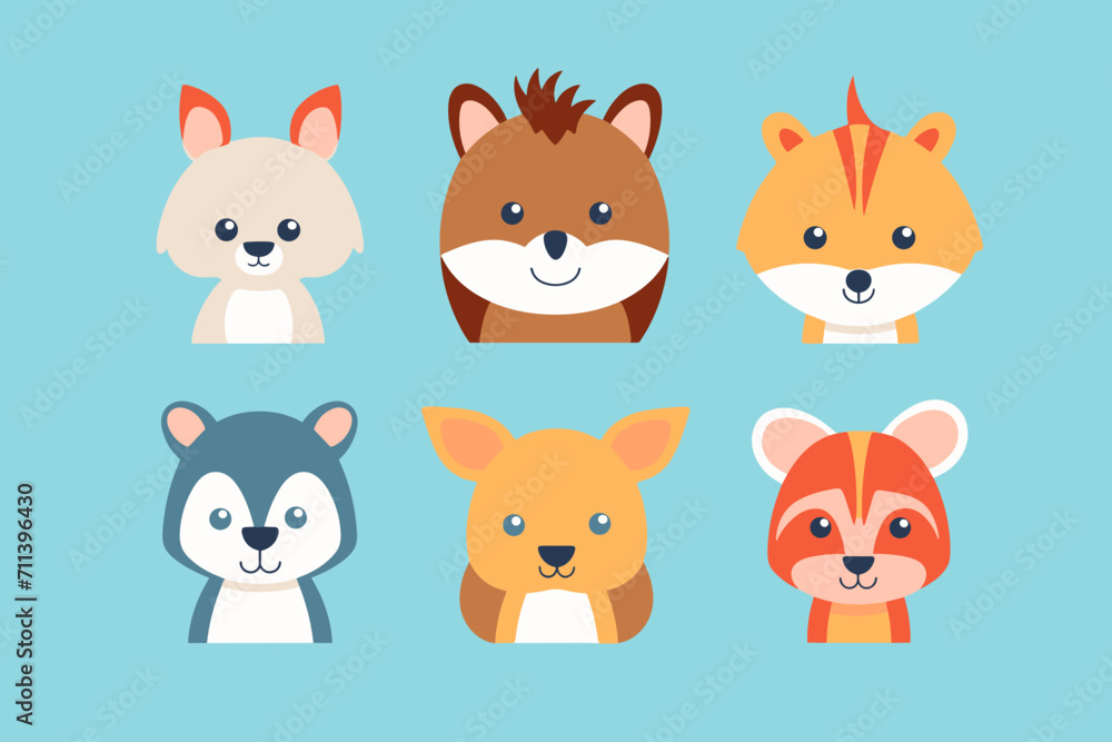 A set of cute cartoon animals. Vector flat images of animals for postcards, invitations, textiles, thermal printing, various types of printing.