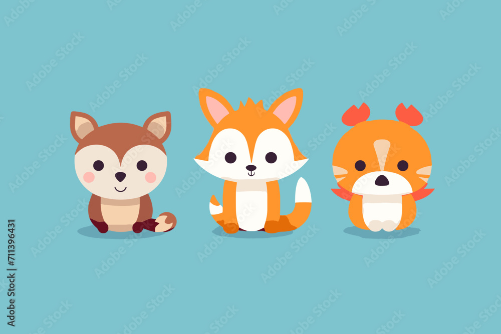 Naklejka premium A set of cute cartoon animals. Vector flat images of animals for postcards, invitations, textiles, thermal printing, various types of printing.