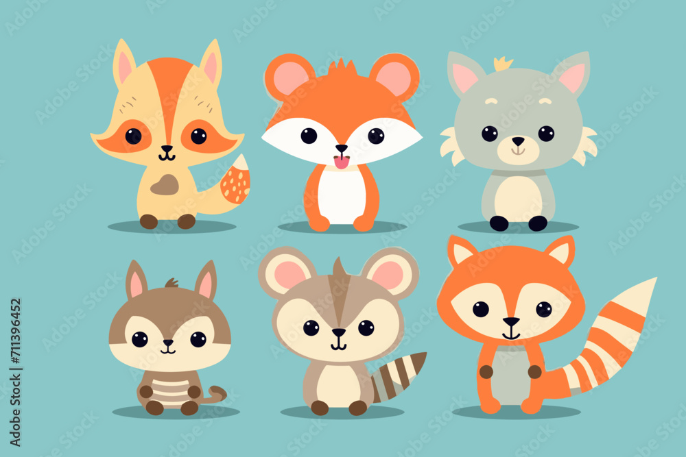 Fototapeta premium A set of cute cartoon animals. Vector flat images of animals for postcards, invitations, textiles, thermal printing, various types of printing.