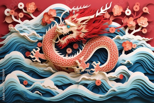 Intricate paper-cut masterpiece chinese zodiac dragon with clouds and sea in the background  layered paper craft chinese dragon for chinese new year celebration
