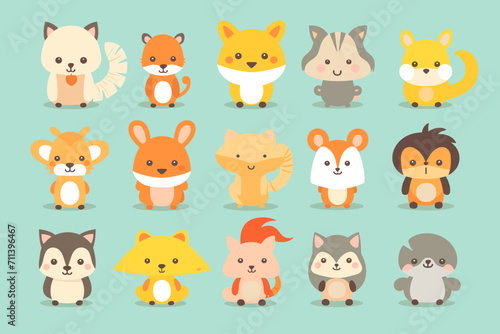 A set of cute cartoon animals. Vector flat images of animals for postcards  invitations  textiles  thermal printing  various types of printing.