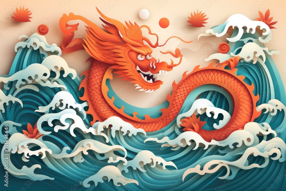 Detailed paper cut craft chinese zodiac dragon with clouds and sea in the background, layered paper craft chinese dragon for chinese new year celebration