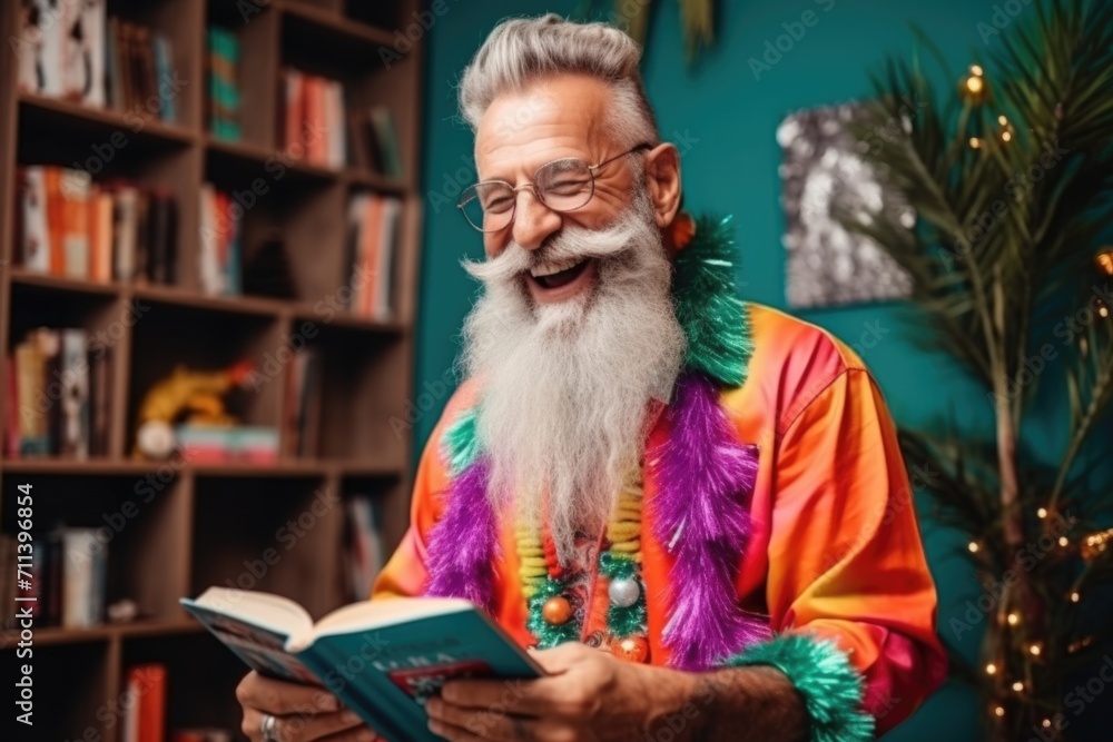 a happy cheerful elderly man with a beard is looking for information in books in the library
