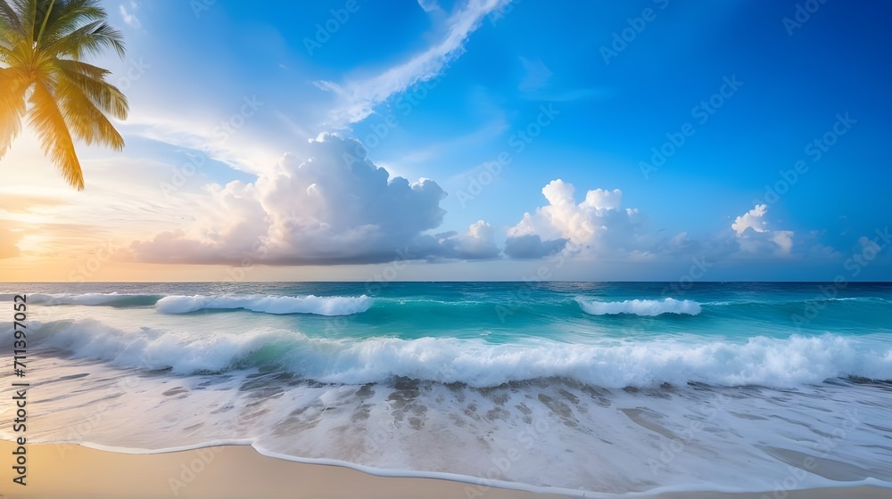 beach panorama view with foam waves before storm, seascape with Palm trees, sea or ocean water under sunset sky with dark blue clouds - obrazy, fototapety, plakaty 