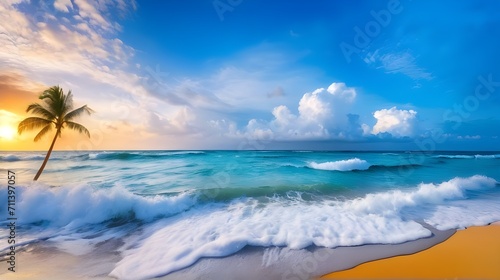 beach panorama view with foam waves before storm  seascape with Palm trees  sea or ocean water under sunset sky with dark blue clouds