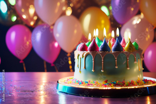 Um bolo de aniversário sobre uma mesa, com várias velas acesas e balões coloridos, desfocados ao fundo.
