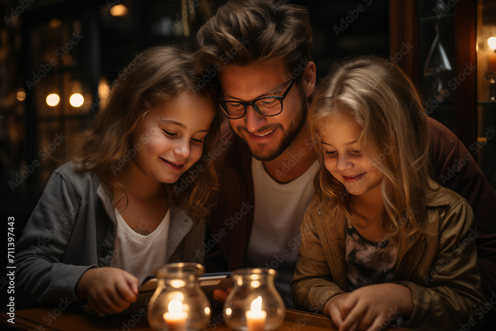Father and daughters watch a video on a tablet by candlelight Father and daughters watch a video on a tablet by candlelight
