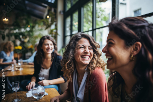 A group of female friends hanging out in a cafe, or a restaurant, talking and laughing, enjoying their time together.