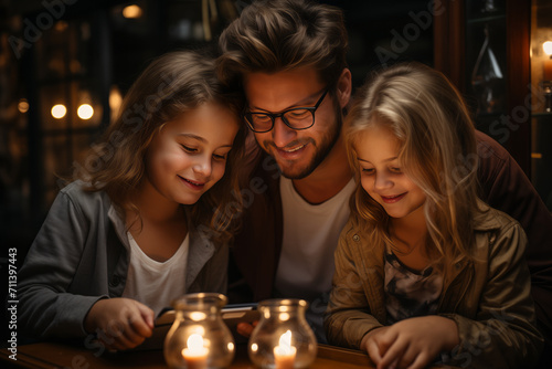 Father and daughters watch a video on a tablet by candlelight