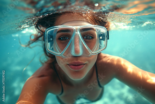 Young woman wearing diving glasses underwater.